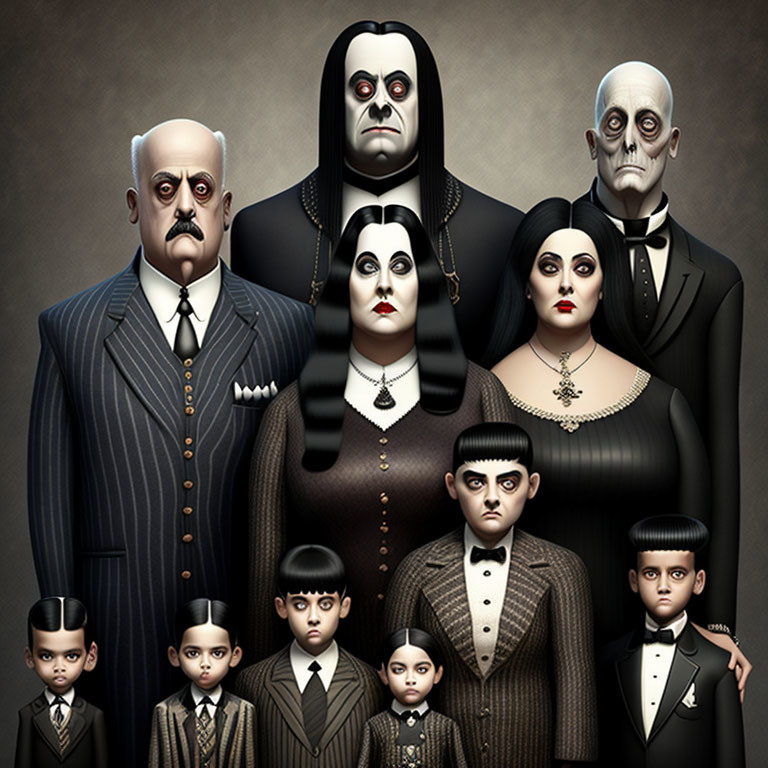 Gothic family portrait with stylized characters in dark attire