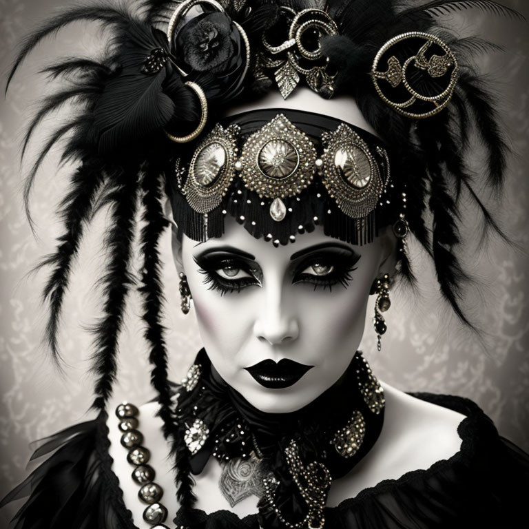 Monochrome portrait of woman with gothic makeup and feathered headgear.