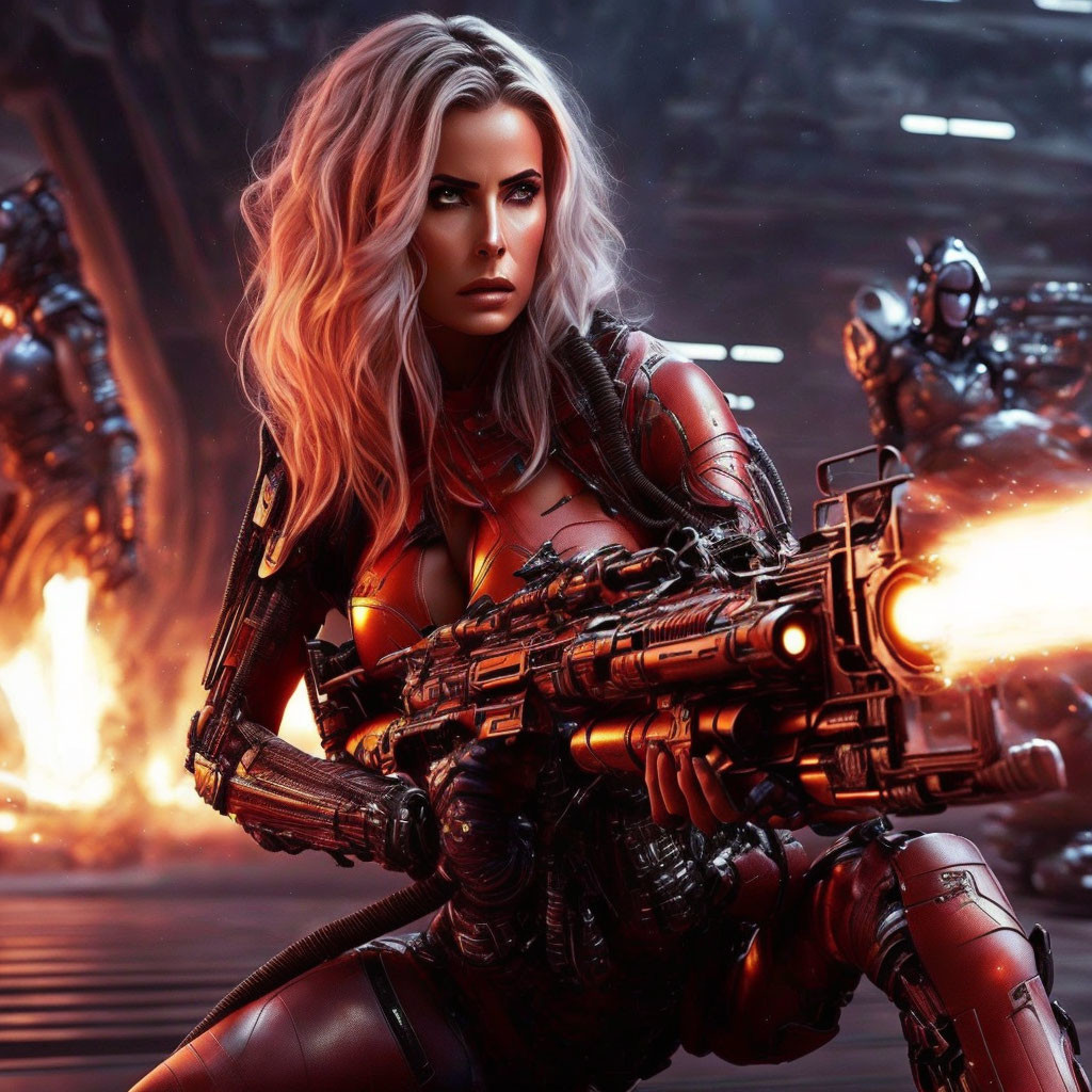 Female warrior with white hair and futuristic weapon in robot-filled battlefield