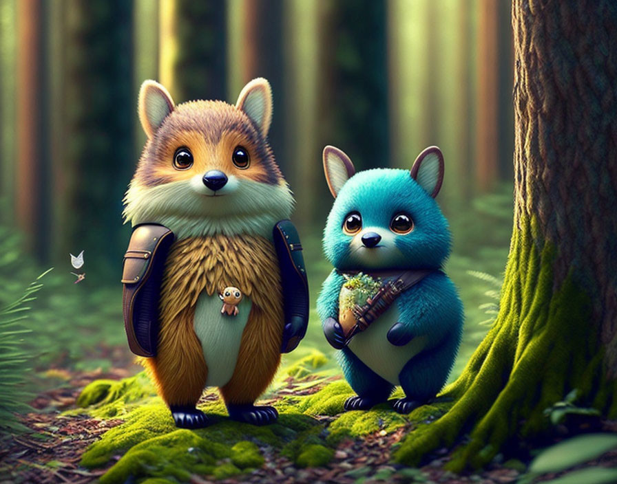 Anthropomorphic animals in forest: fox with backpack and blue creature with map, lush greenery.