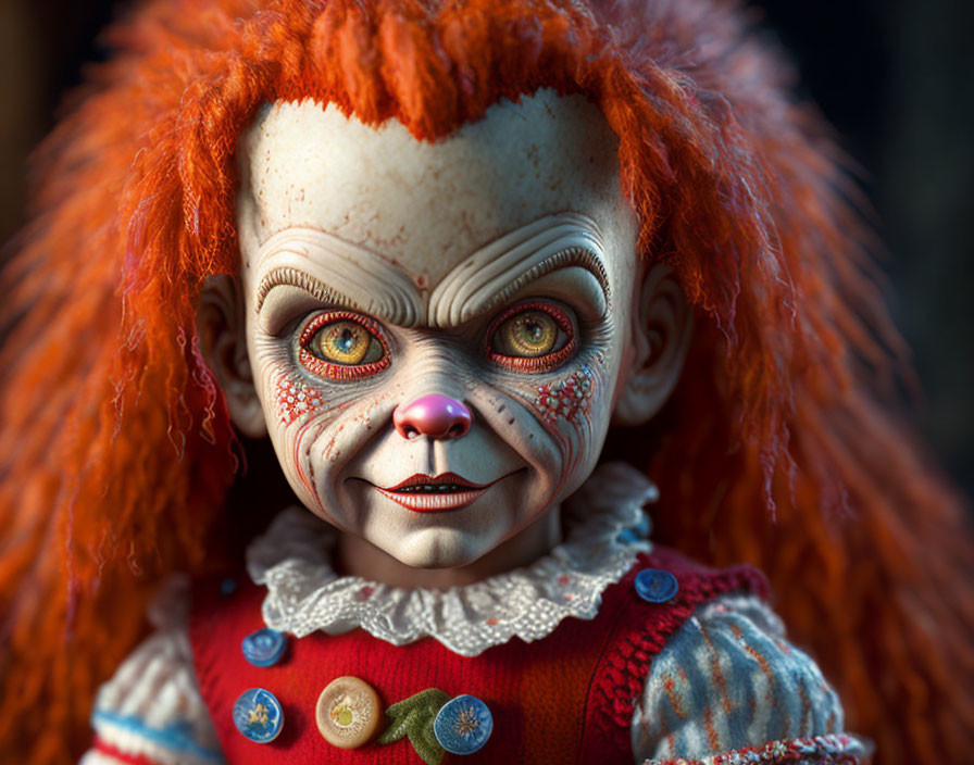 Creepy doll with red hair, wide eyes, freckles, and malevolent grin in r