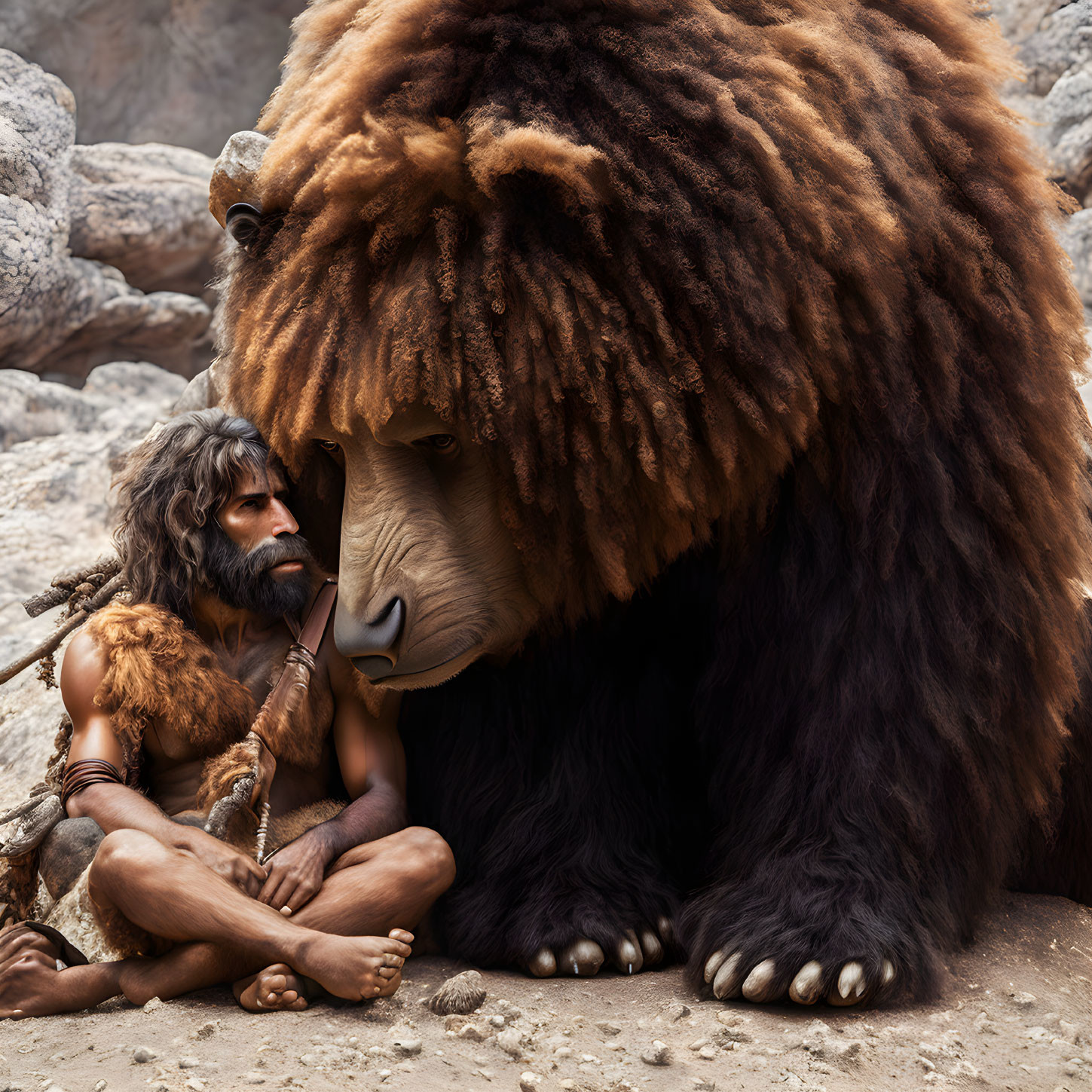 Prehistoric man in fur clothing beside giant lion with large mane in rocky setting