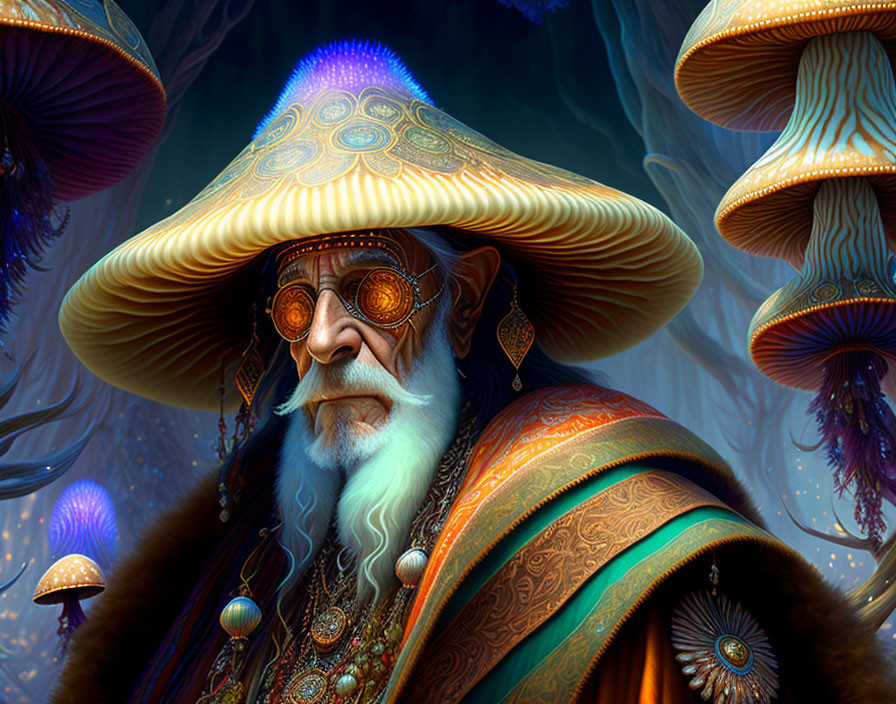 Digital artwork: Wise elder with mushroom hat, intricate goggles, ornate clothing in mystical forest