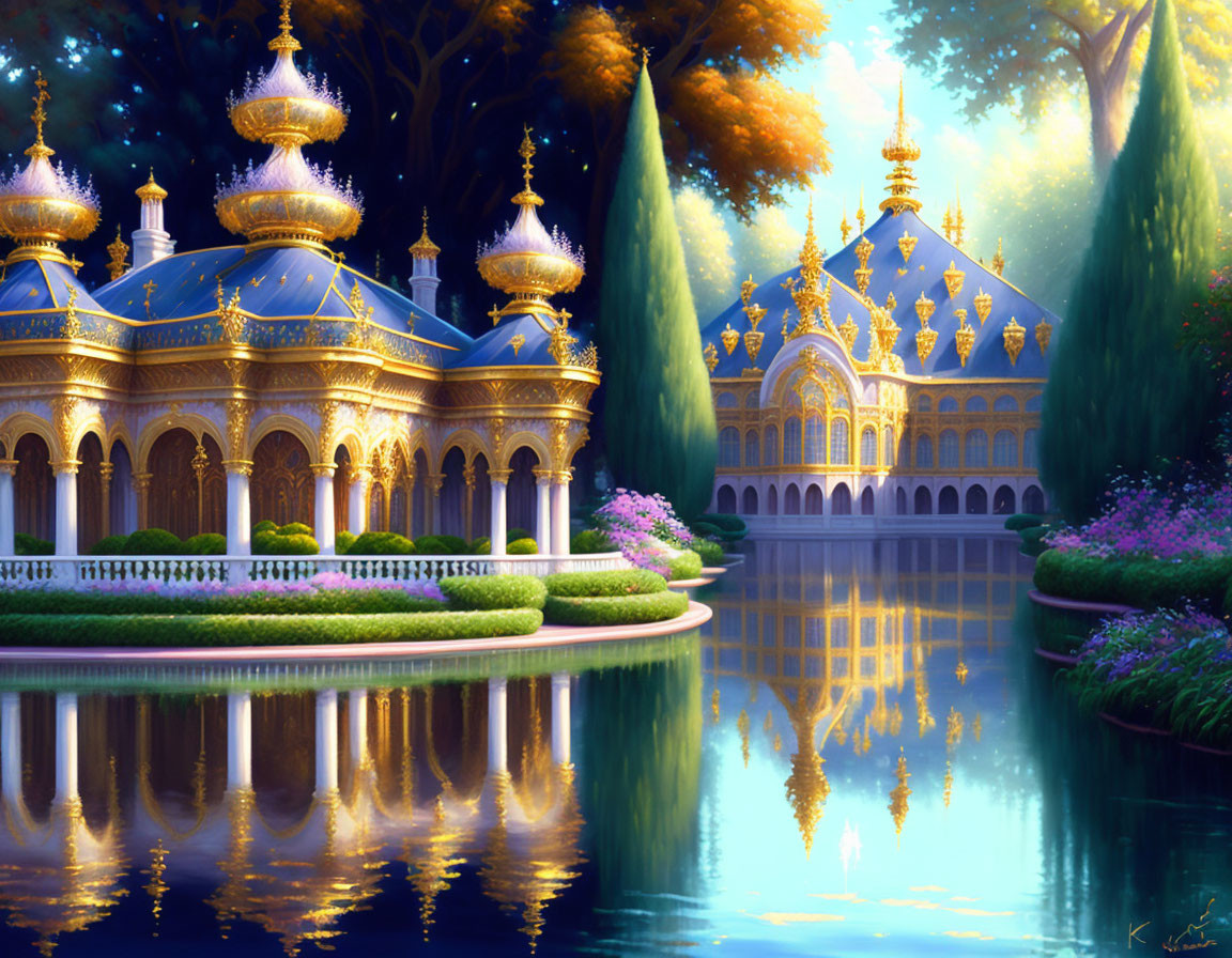 Golden domed palace by tranquil lake at twilight