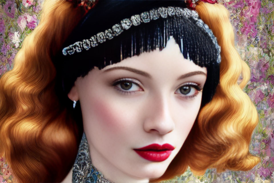 Vintage flapper-style headband on woman with wavy red hair against floral backdrop