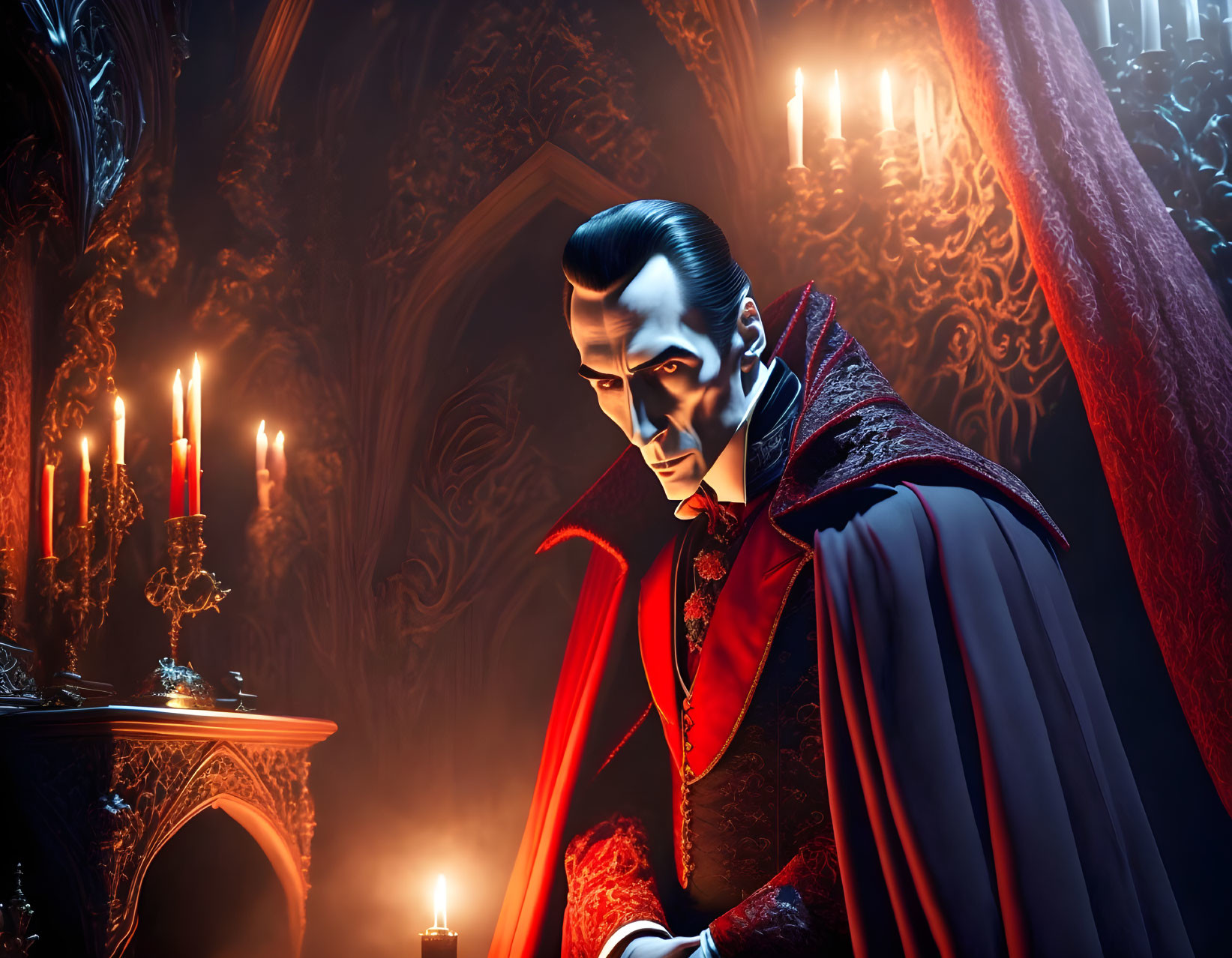 Male vampire in red and black cape in gothic room with candles