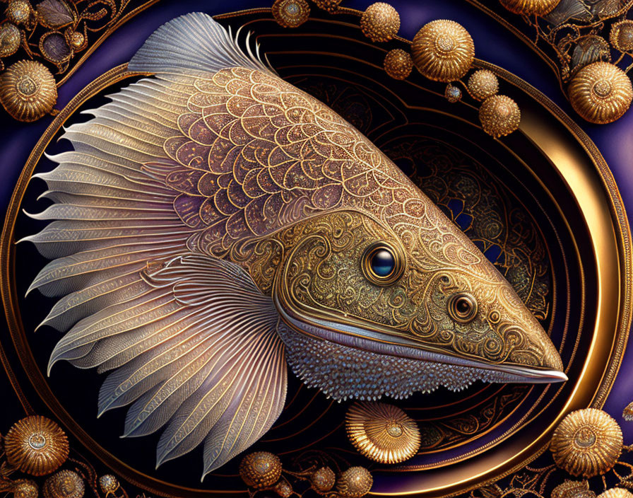 Intricate digitally illustrated golden fish on dark blue background