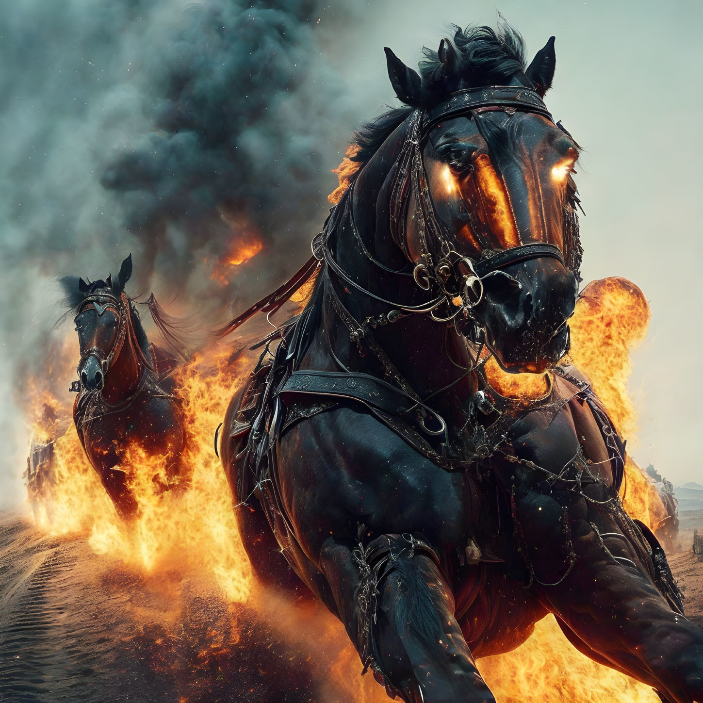 Majestic black horses gallop fiercely amidst flames and smoke