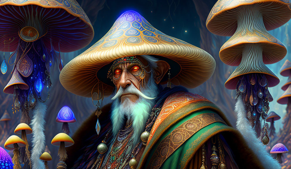 Elder wizard with mushroom cap hat in enchanted forest among glowing mushrooms