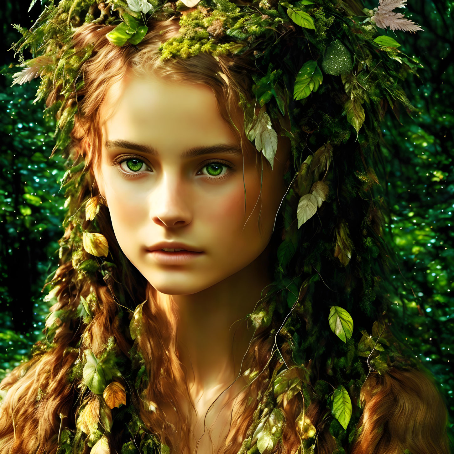 Young Woman with Green Leaf Crown in Verdant Forest