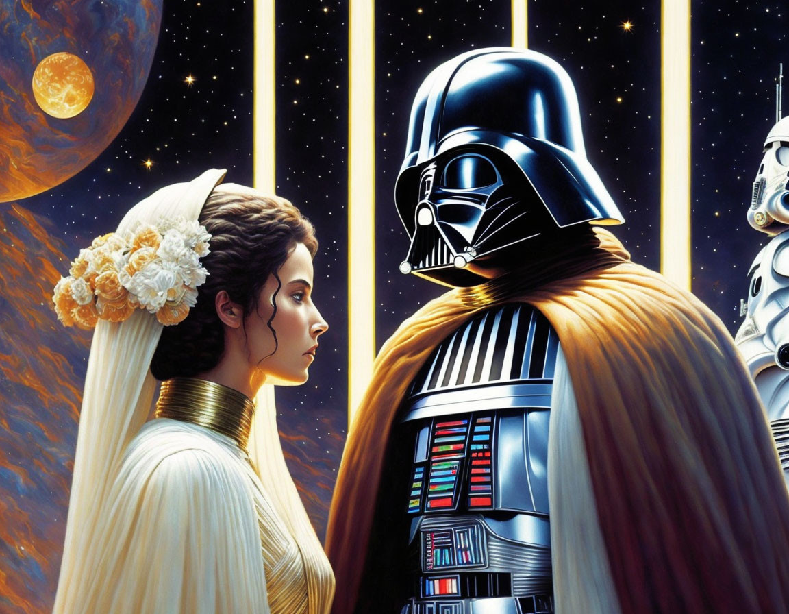 Sci-fi characters in cosmic scene with planet and stars, Princess Leia wearing flowers.