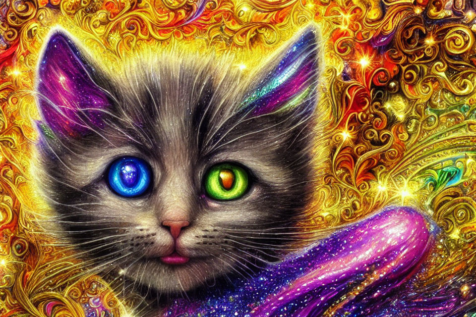 Colorful digital artwork of cat with mismatched eyes and purple fur on gold pattern background