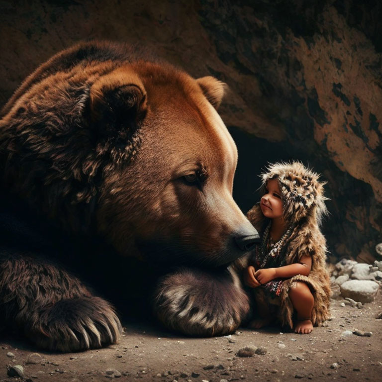 Child in furry outfit with brown bear in cave setting