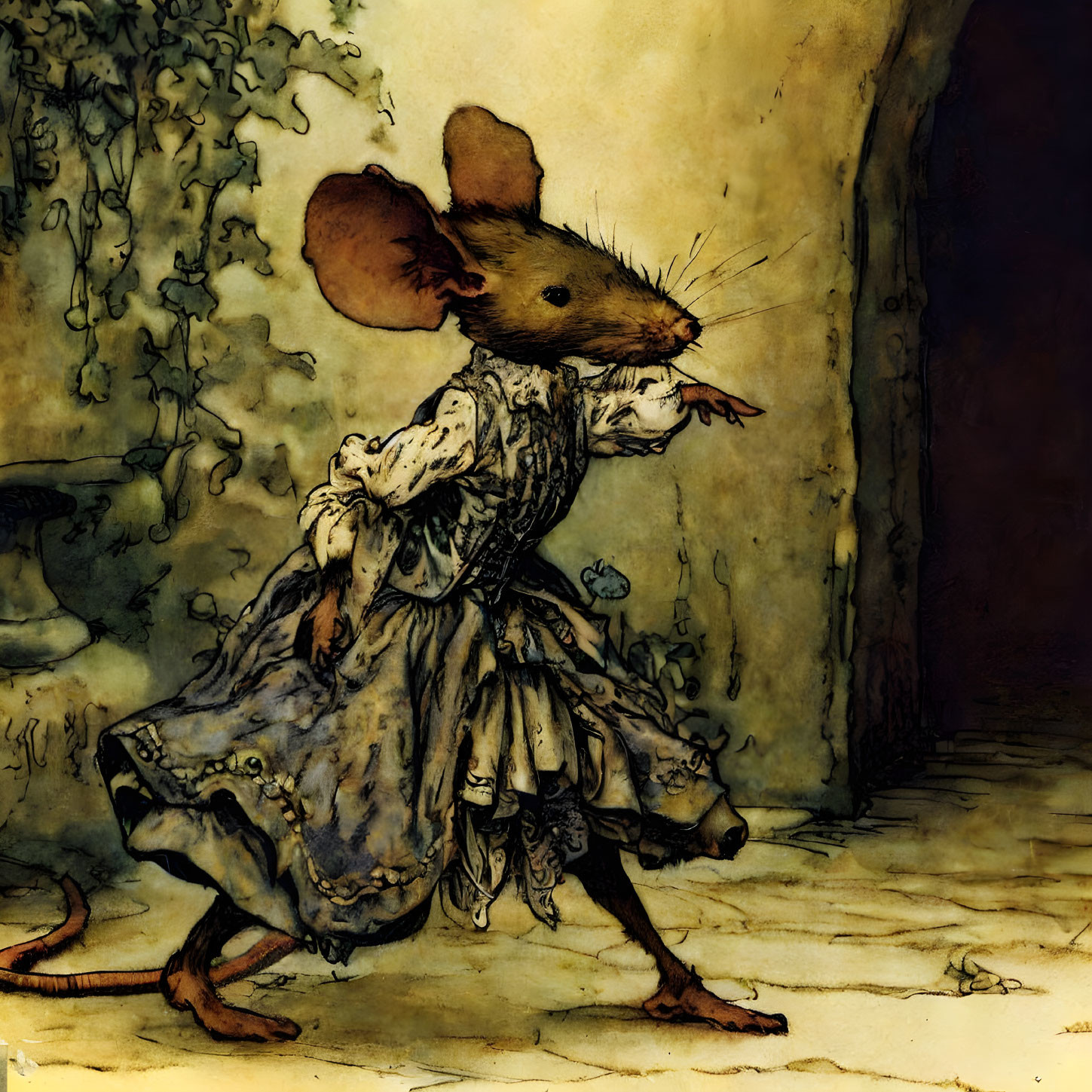 Anthropomorphic mouse in tattered blue dress in dimly lit setting with hanging vines