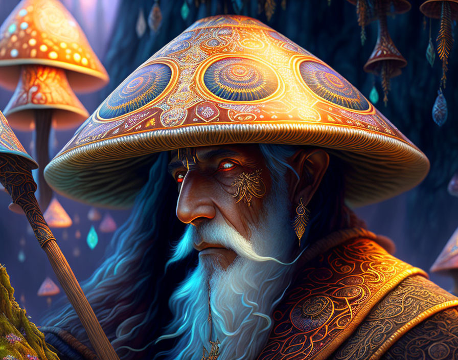 Elderly bearded fantasy character with mushroom hat in enchanted forest