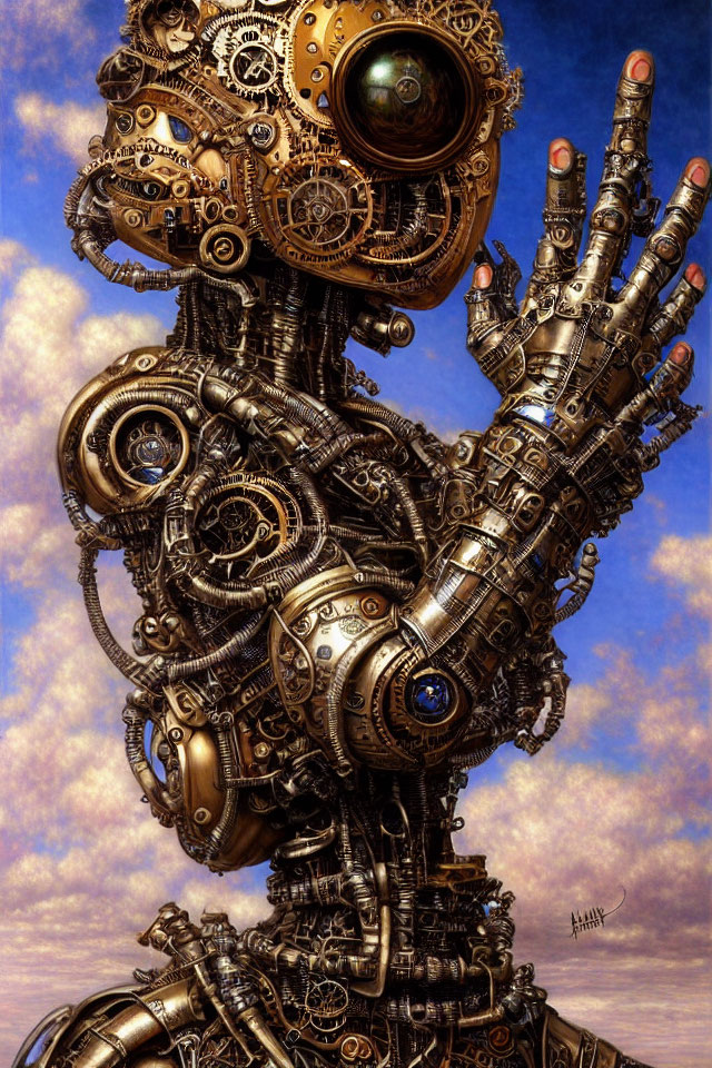 Intricate Steampunk Mechanical Figure with Open Hand on Cloudy Sky