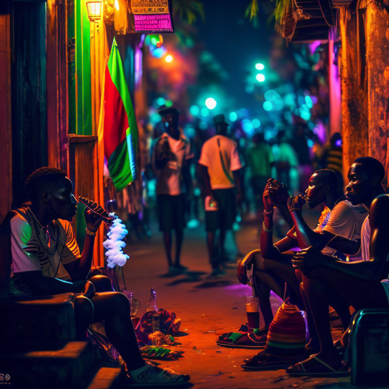 Night scene on vibrant street with people relaxing under colorful lights