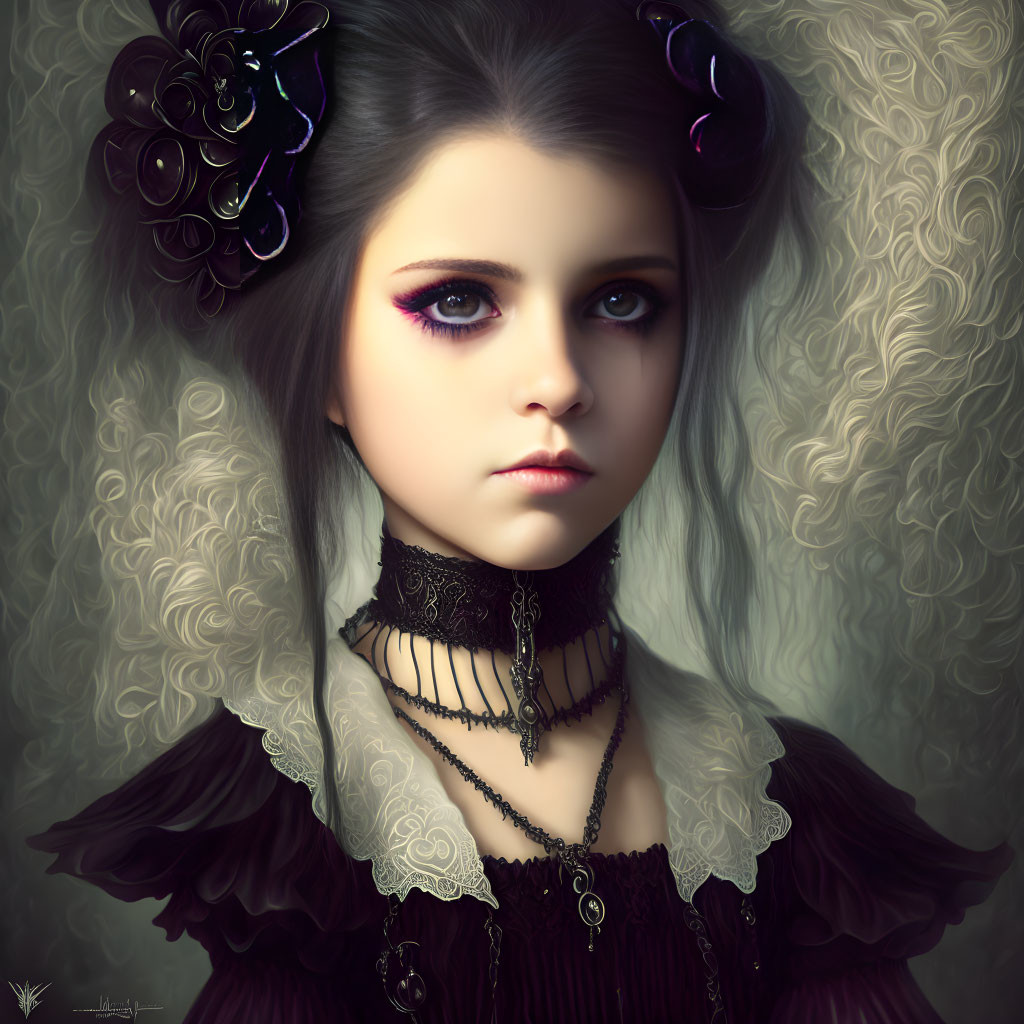 Gothic-style portrait of a girl with captivating eyes and dark attire