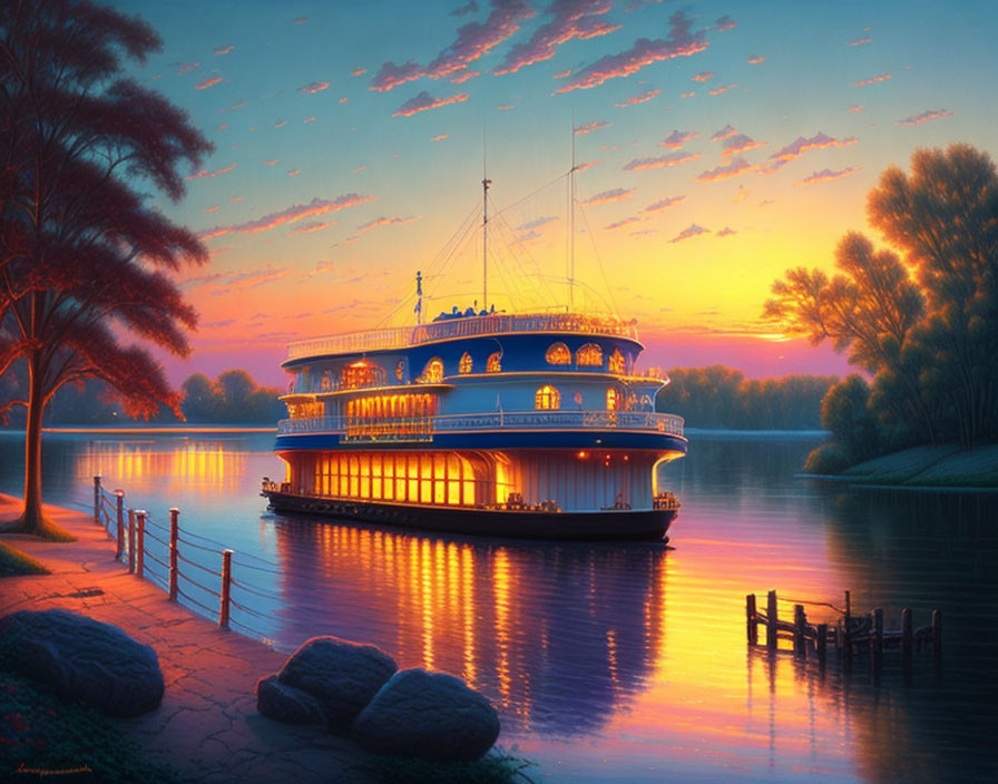 Twilight riverboat with glowing windows on calm water