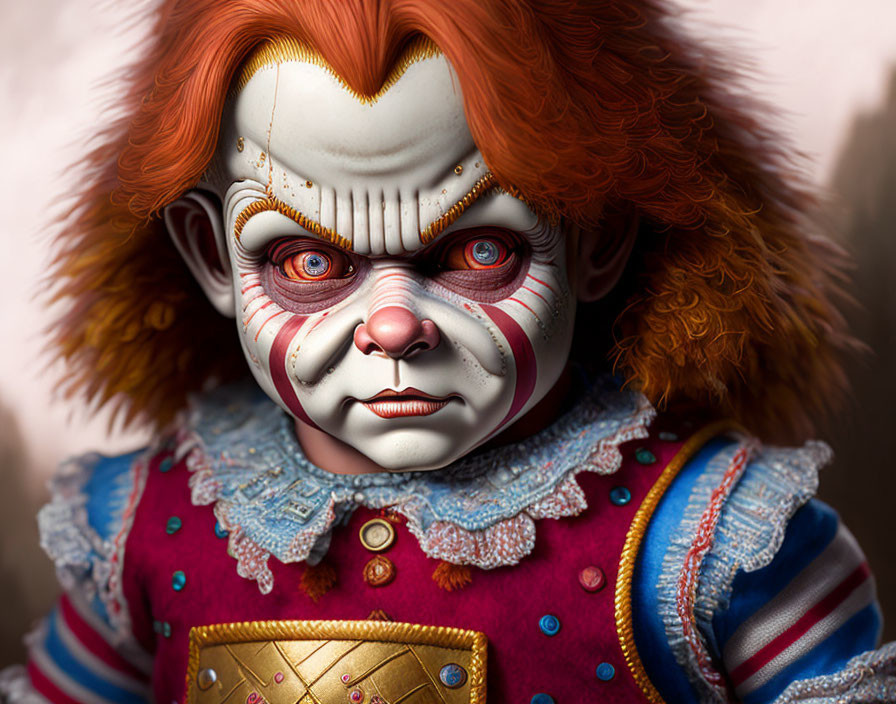 Detailed Creepy Clown Doll with Red Hair and Piercing Eyes