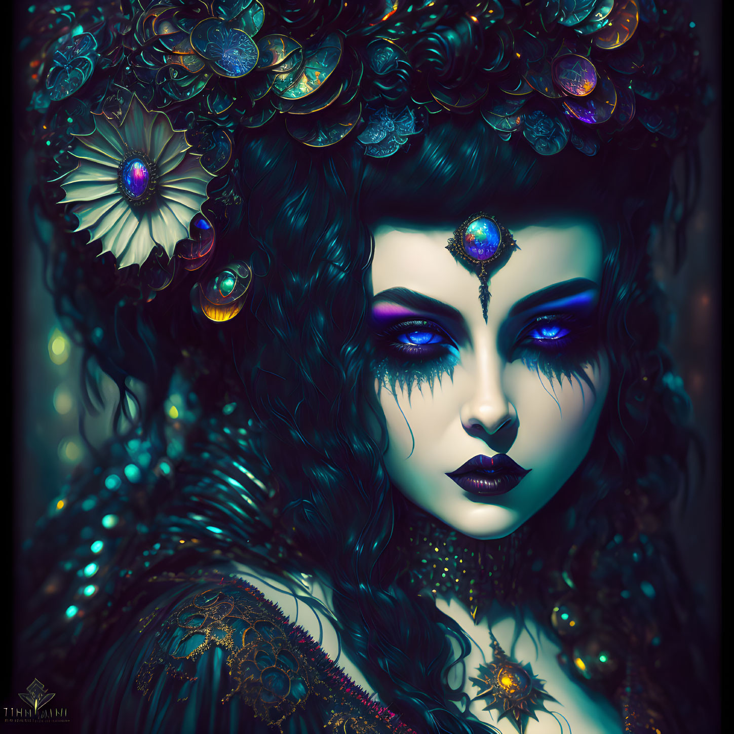 Blue-skinned female digital art portrait with dark hair and intricate jewelry.