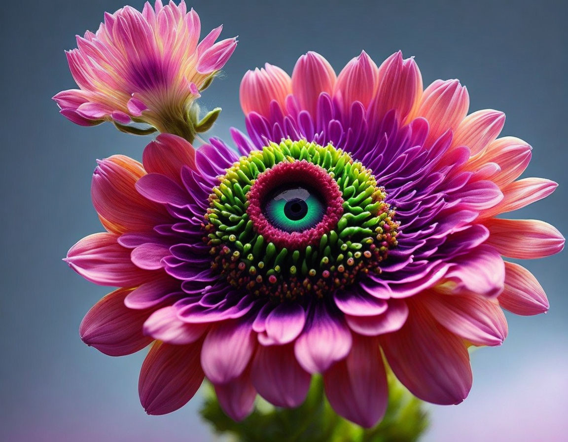 Colorful Gerbera Daisy with Human Eye Center on Blue Background