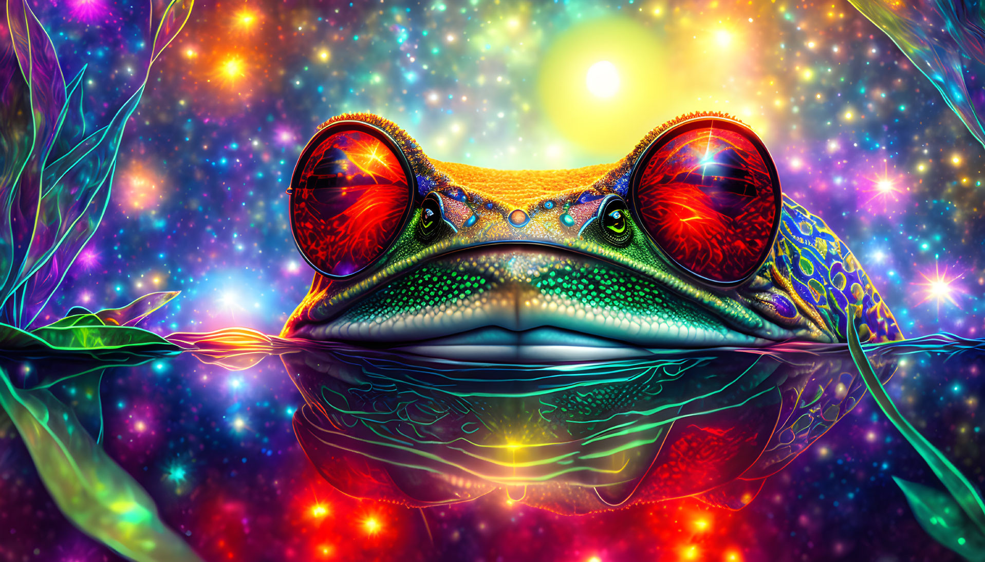 Colorful digital artwork: Frog with red eyes in cosmic setting