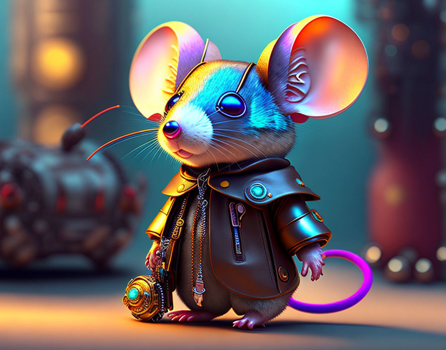 Stylized mouse in futuristic attire with cyberpunk backdrop