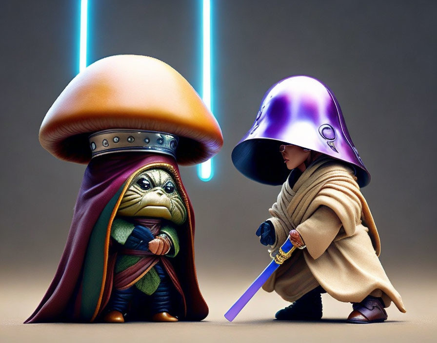 Stylized mushroom figures inspired by Star Wars characters in cloaks and helmets