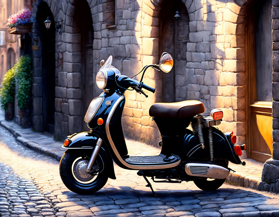 Black scooter parked on cobblestone street with stone buildings and flower baskets.