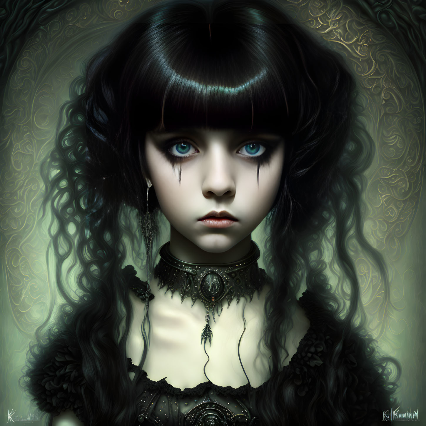 Digital Artwork: Girl with Blue Eyes & Black Hair in Gothic Outfit