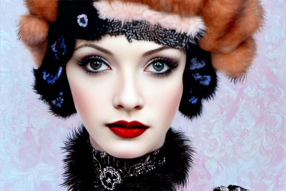 Striking makeup woman in fur-lined hat against patterned backdrop