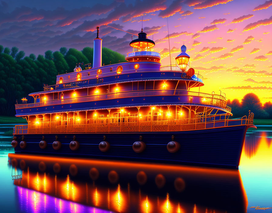 Vintage Riverboat with Multiple Decks at Dusk Reflecting Sunset