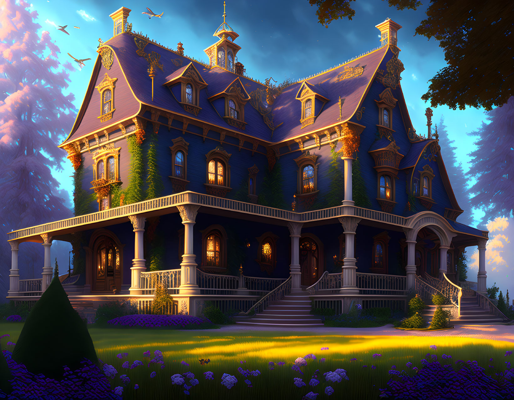 Victorian-style mansion in blue and gold hues with lush gardens and warm sunset light.