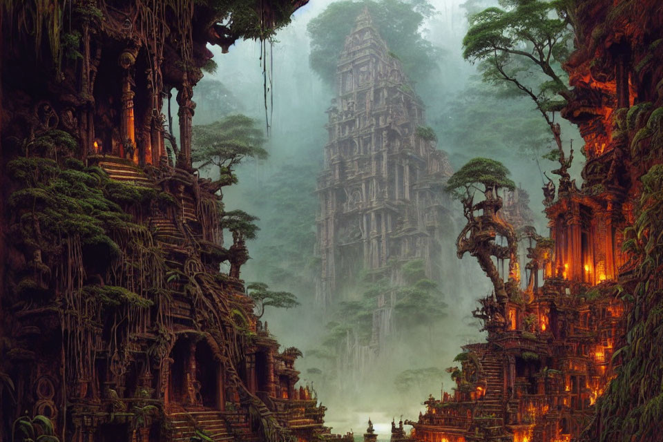 Ancient ruins covered in vegetation in a foggy jungle at night