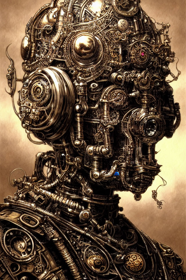 Detailed Steampunk Robot Head with Gears and Cogs in Sepia Tone