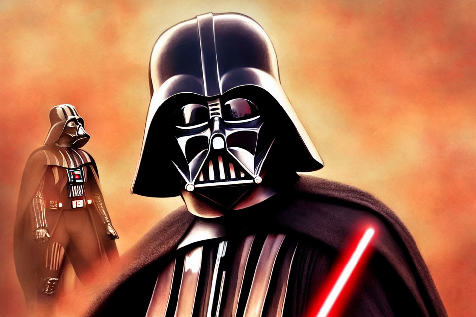 Two Darth Vader illustrations with red lightsaber on orange background, one larger in foreground.