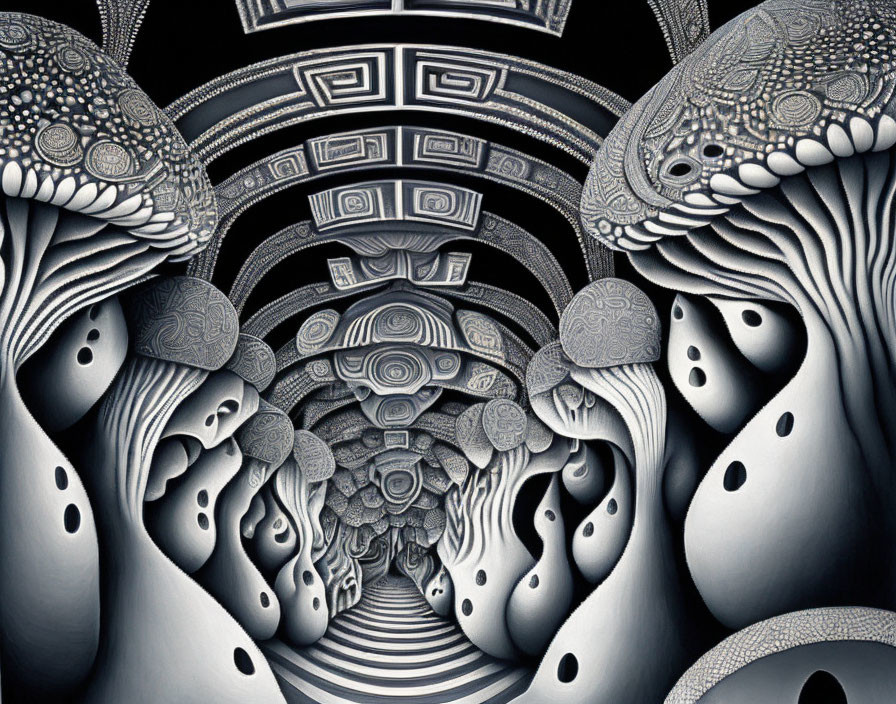 Detailed Surrealist Black-and-White Drawing of Tunnel-like Space