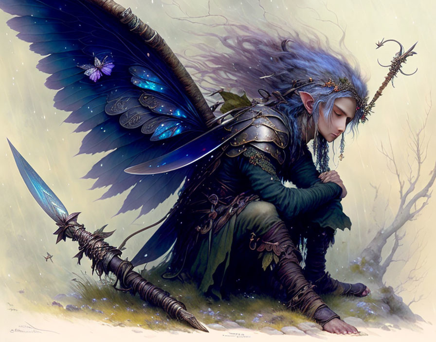 Fantasy illustration of kneeling elf with blue wings, armor, spear, butterfly