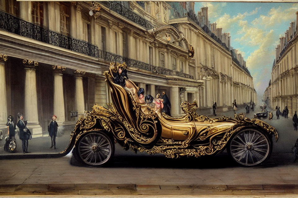 Golden carriage without horses on historical street with elegant buildings and pedestrians