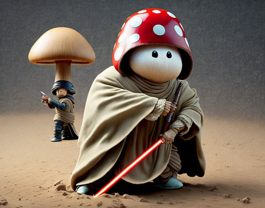 Fantasy Mushroom Jedi and Ninja Figures in Sandy Setting