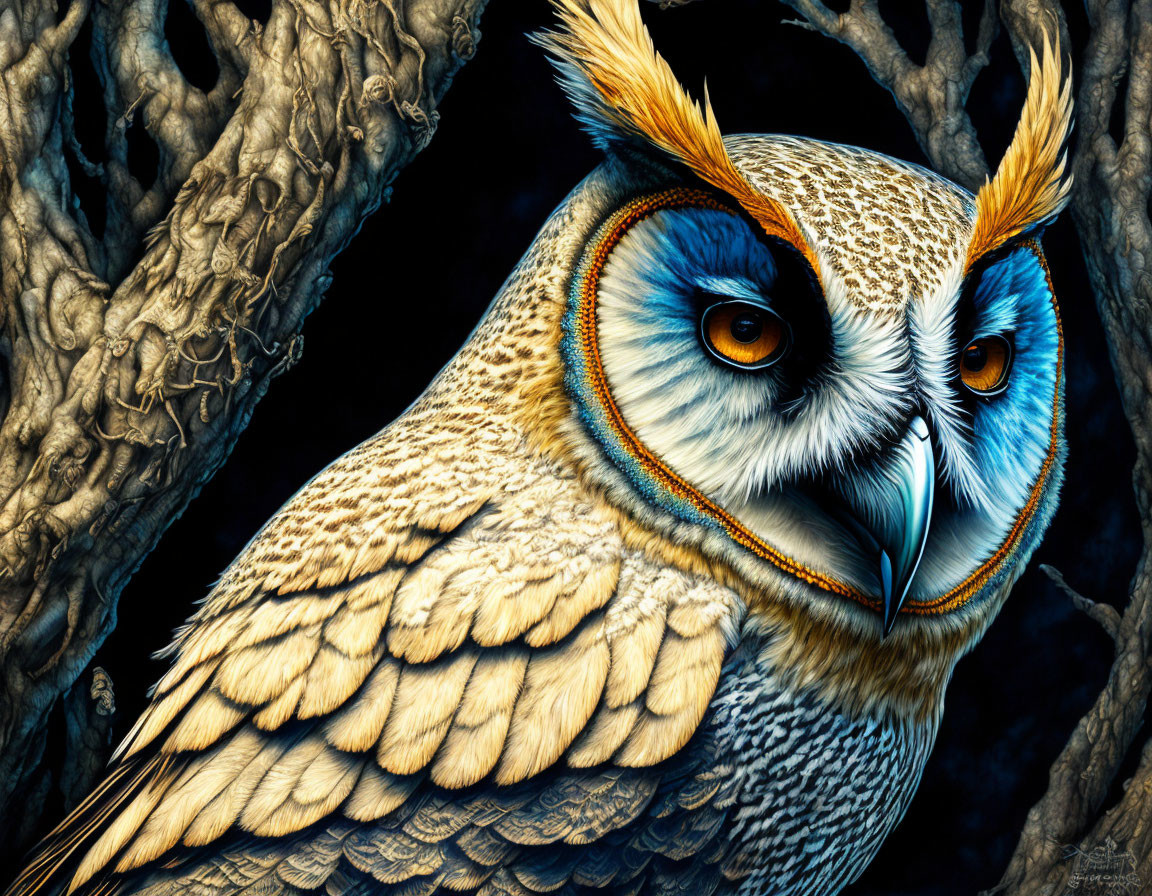 Detailed owl illustration with orange eyes and ear tufts in twisted branches