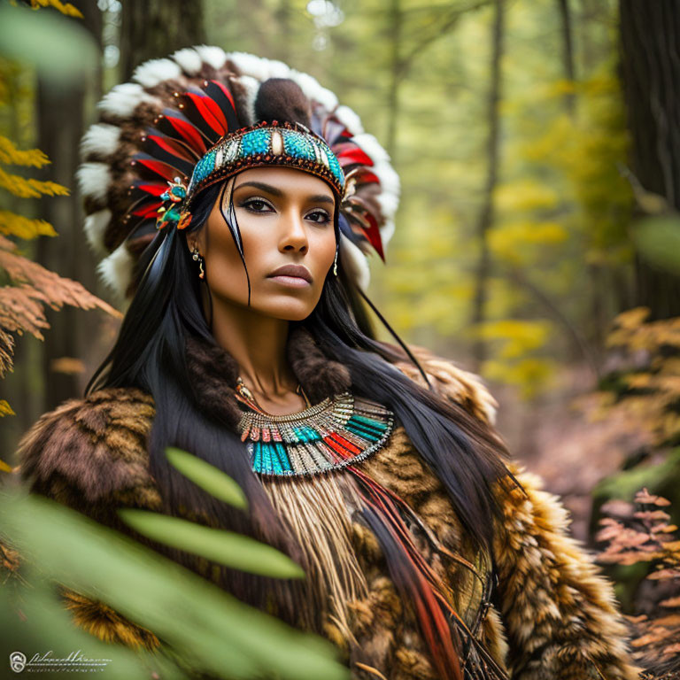 Woman in Native Headdress Standing in Autumn Forest