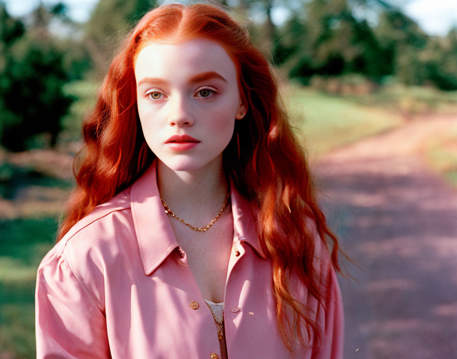 Red-haired woman in pink shirt and necklace outdoors with trees.