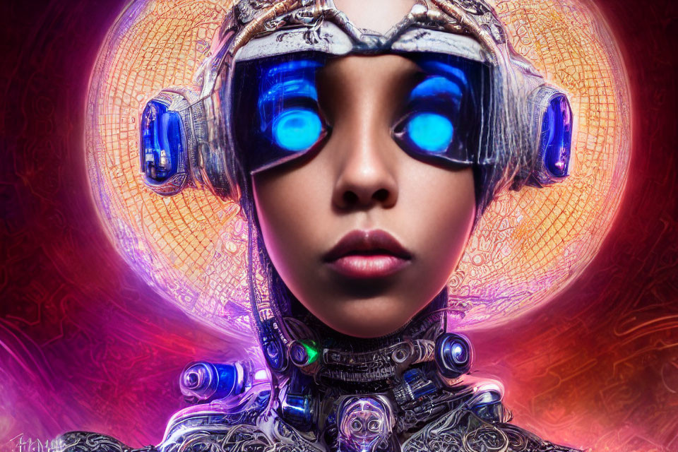 Female with Cybernetic Enhancements and Futuristic Helmet on Abstract Background