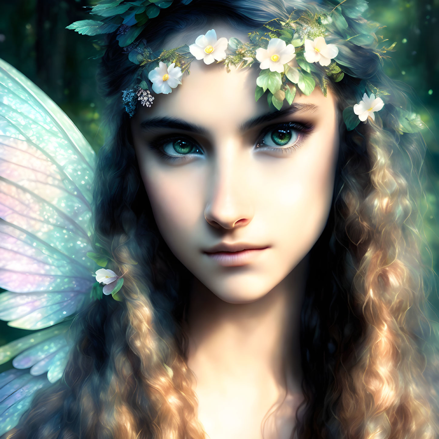 Fantasy character portrait with green eyes, floral crown, and butterfly wings in forest