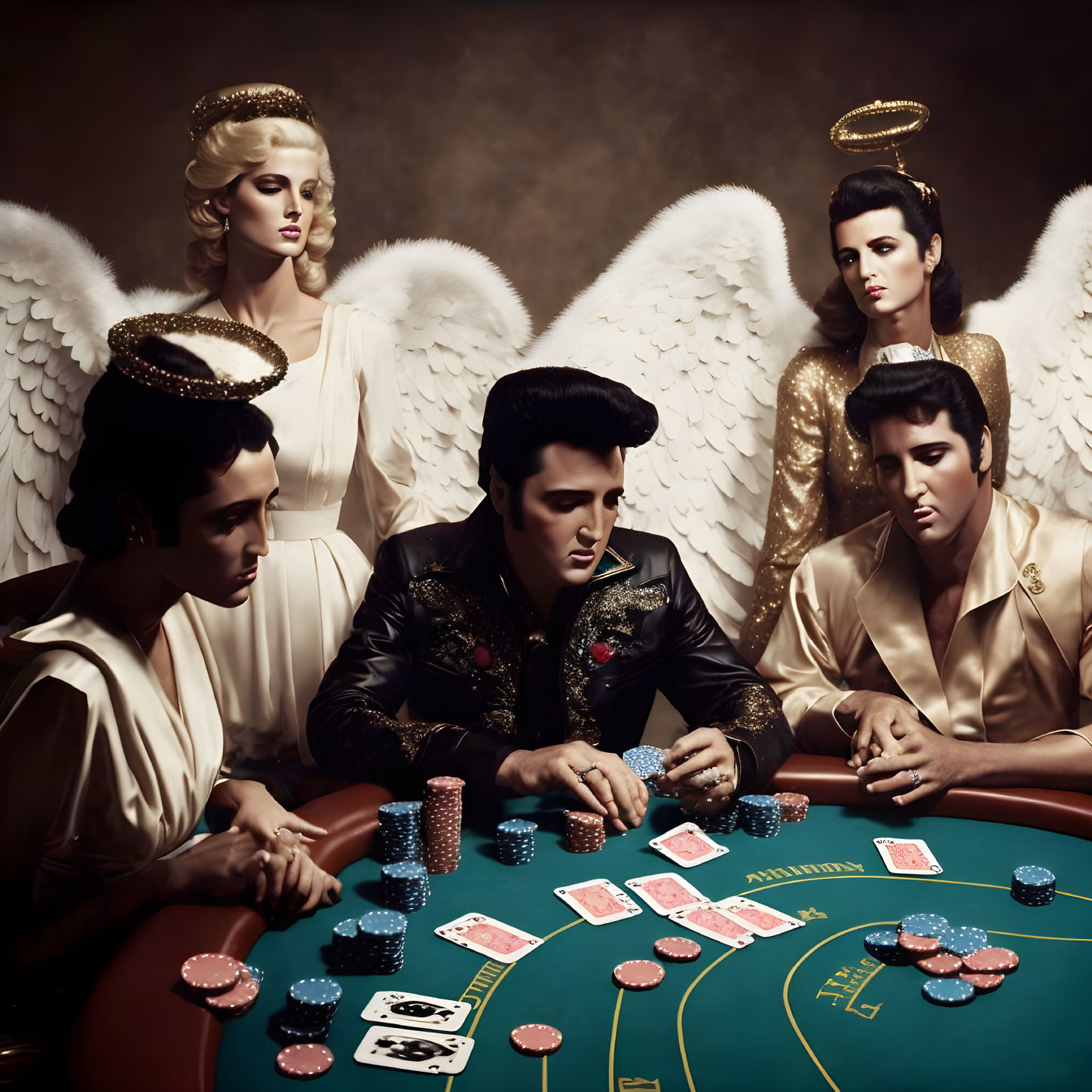 Impersonators and angelic women playing poker in a dark setting