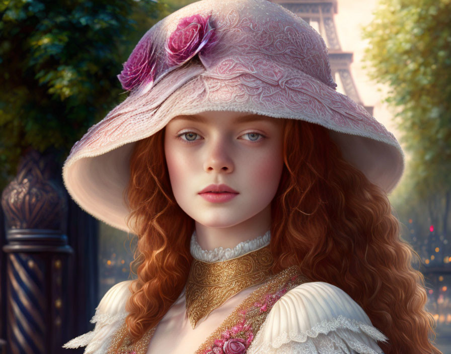 Portrait of Young Woman with Red Hair in Pink Lace Hat and White Dress