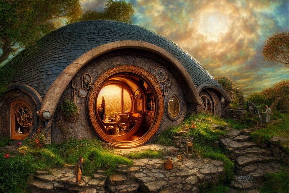 Whimsical hobbit-house with round door in lush hillside landscape