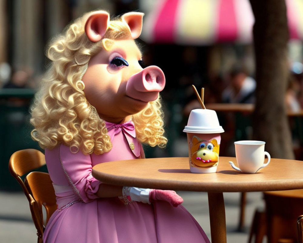 Anthropomorphic pig in pink dress at café table with coffee cup and egg-shaped container